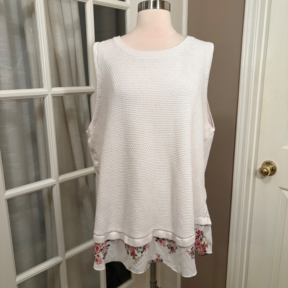LOFT Plus 24/26 Ivory Knit Tank Top Floral Chiffon Hem Sleeveless Tunic